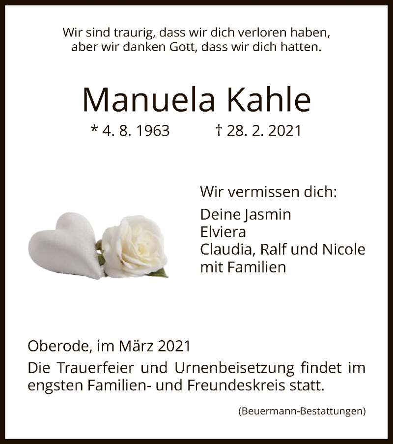  Traueranzeige für Manuela Kahle vom 06.03.2021 aus HNA