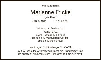 Traueranzeige von Marianne Fricke von HNA
