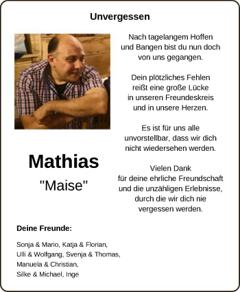 Traueranzeige von Mathias  von HNA