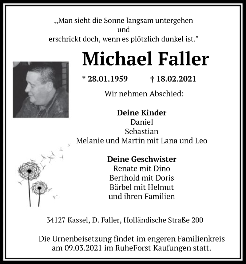  Traueranzeige für Michael Faller vom 06.03.2021 aus HNA