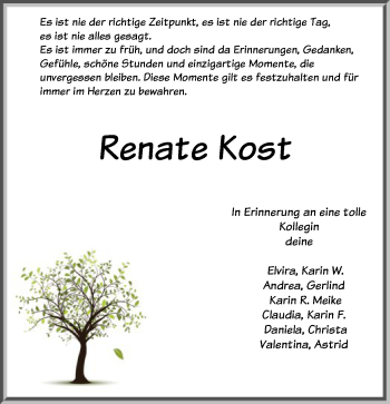 Traueranzeige von Renate Kost von HNA