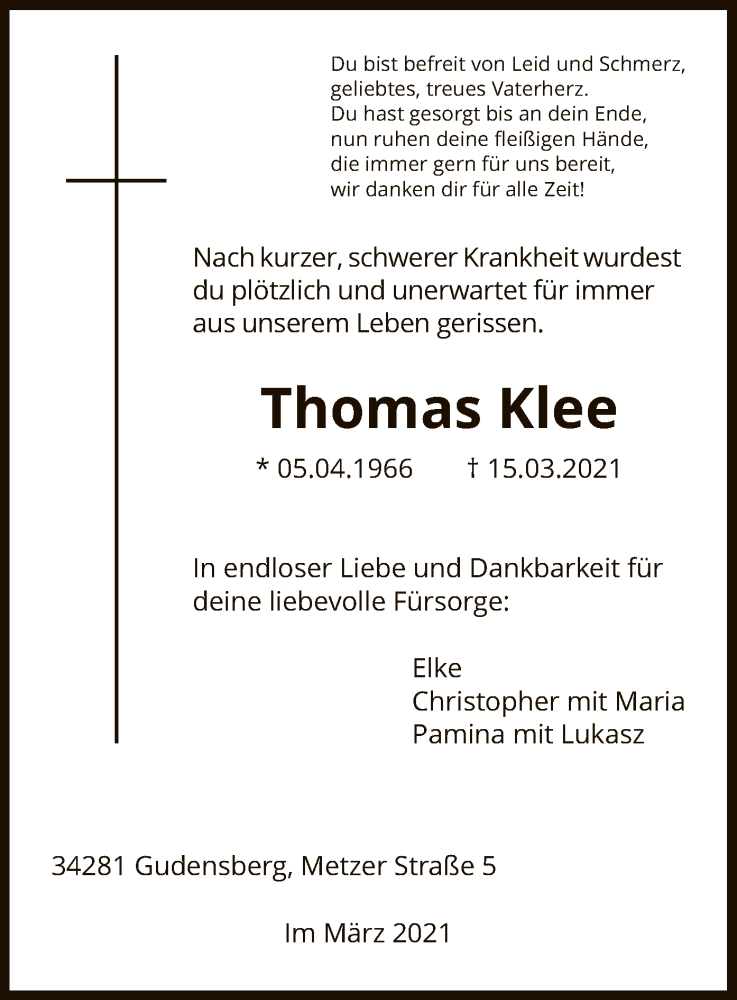  Traueranzeige für Thomas Klee vom 27.03.2021 aus HNA