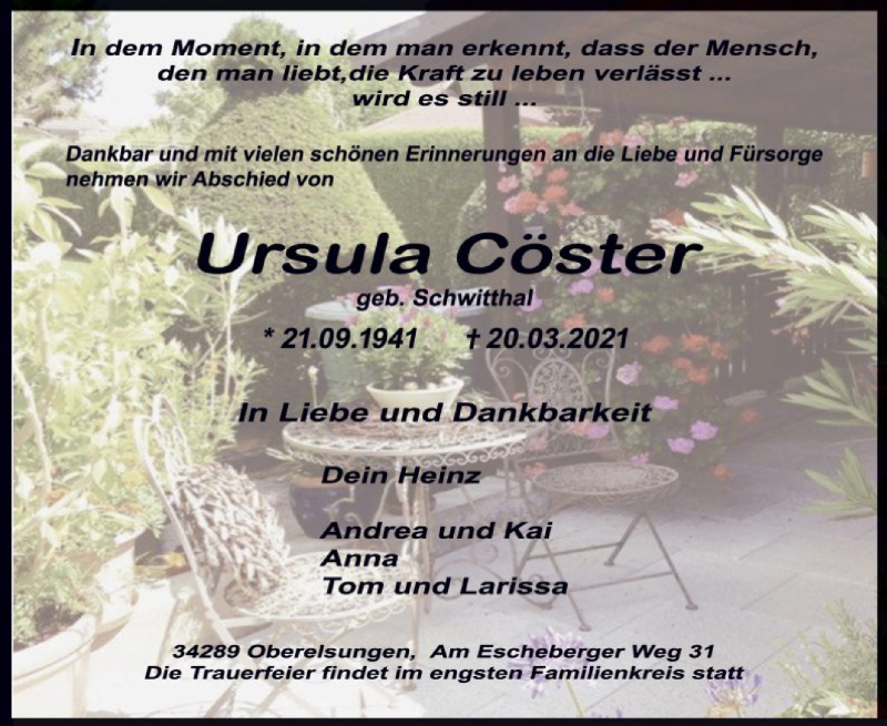  Traueranzeige für Ursula Cöster vom 24.03.2021 aus HNA