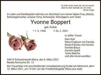 Traueranzeige von Yvonne Boppert von HNA