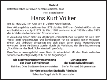 Traueranzeige von Hans Kurt Völker von HNA