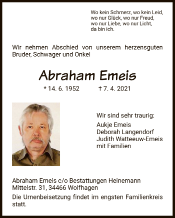 Traueranzeige von Abraham Emeis von HNA
