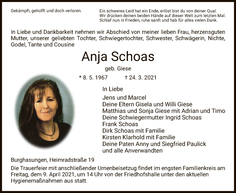  Traueranzeige für Anja Schoas vom 03.04.2021 aus HNA