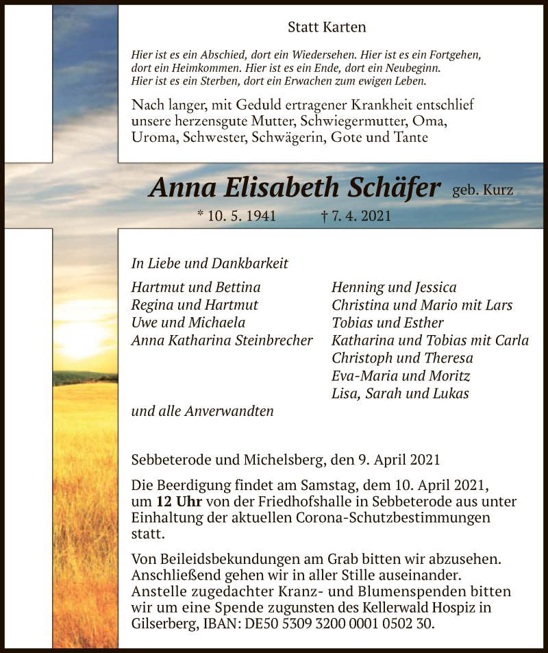  Traueranzeige für Anna Elisabeth Schäfer vom 09.04.2021 aus HNA