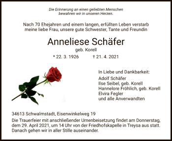 Traueranzeige von Anneliese Schäfer von HNA