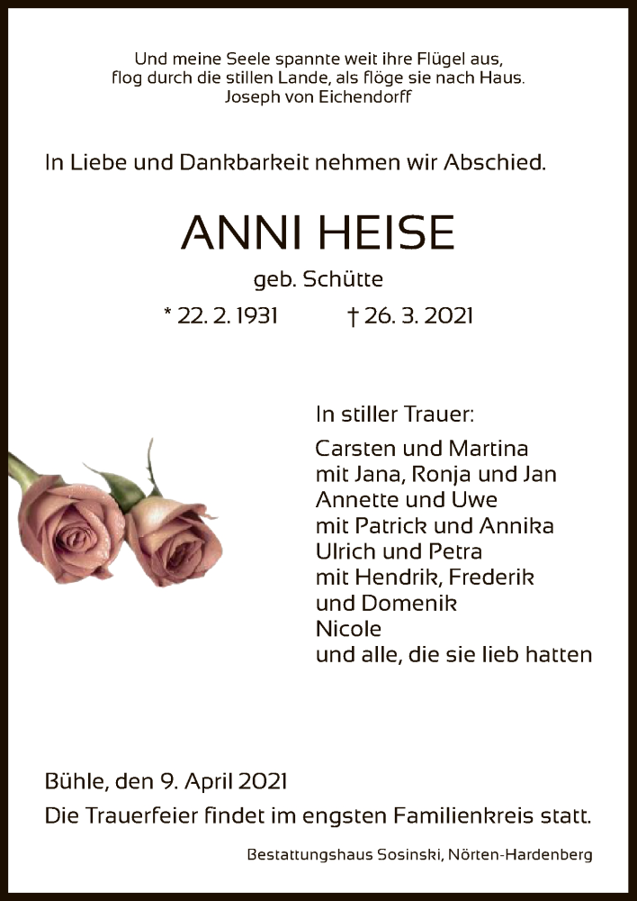  Traueranzeige für Anni Heise vom 09.04.2021 aus HNA