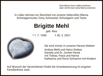 Traueranzeige von Brigitte Mehl von HNA