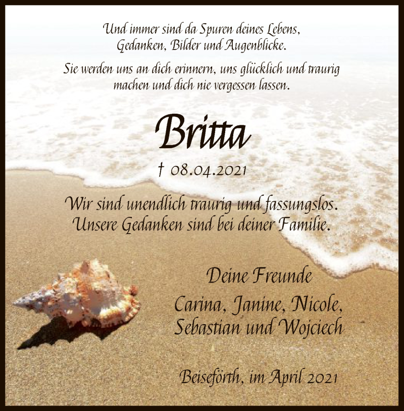  Traueranzeige für Britta Jung vom 13.04.2021 aus HNA