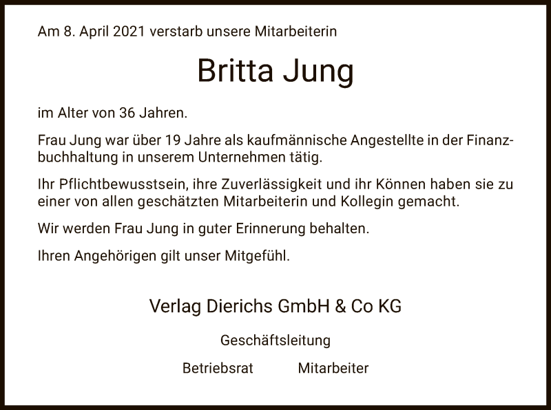  Traueranzeige für Britta Jung vom 13.04.2021 aus HNA