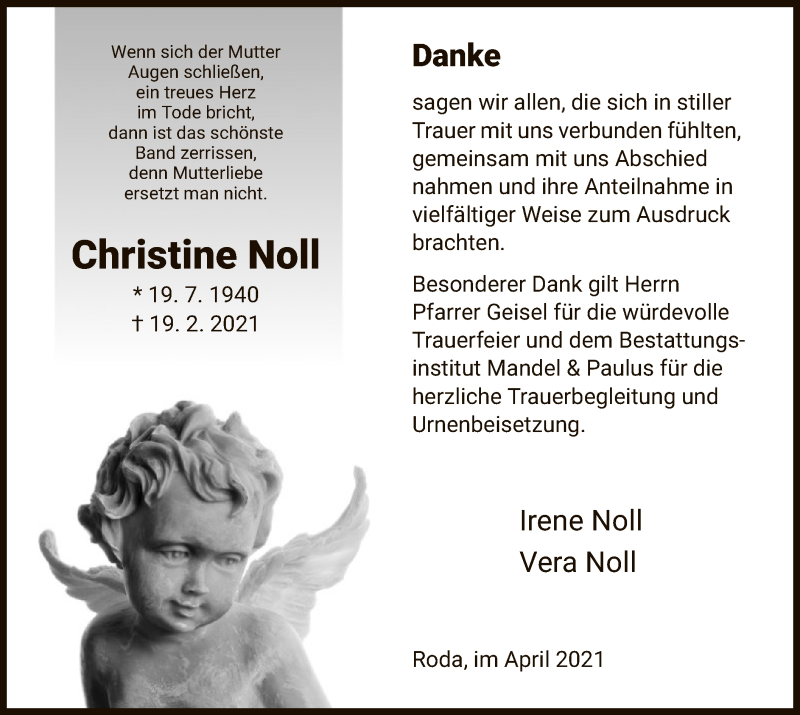  Traueranzeige für Christine Noll vom 03.04.2021 aus HNA