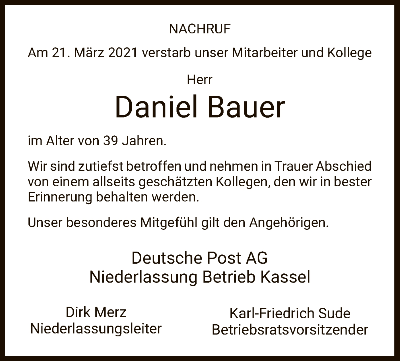  Traueranzeige für Daniel Bauer vom 03.04.2021 aus HNA
