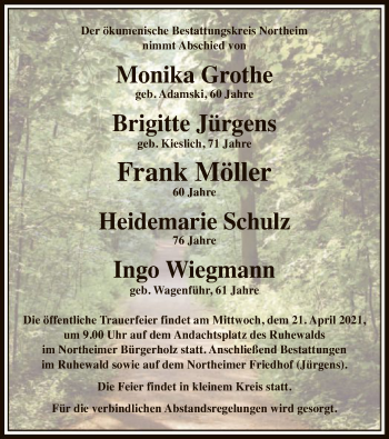 Traueranzeige von Der ökumenische Bestattungskreis Northeim nimmt Abschied von von HNA