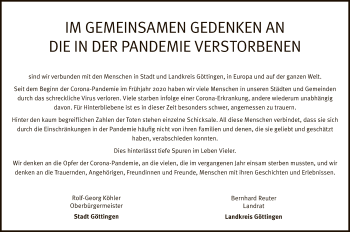 Traueranzeige von Die in der Pandemie Verstorbenen von HNA