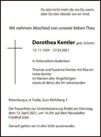 Traueranzeige von Dorothea Kemler von HNA