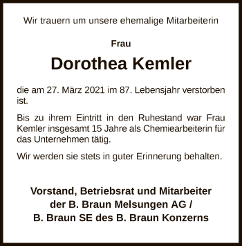 Traueranzeige von Dorothea Kemler von HNA