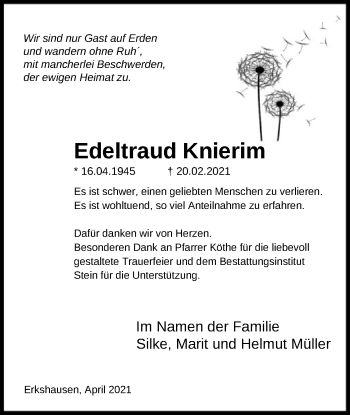Traueranzeige von Edeltraud Knierim von HNA