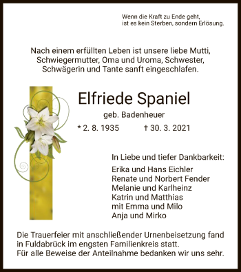 Traueranzeige von Elfriede Spaniel von HNA