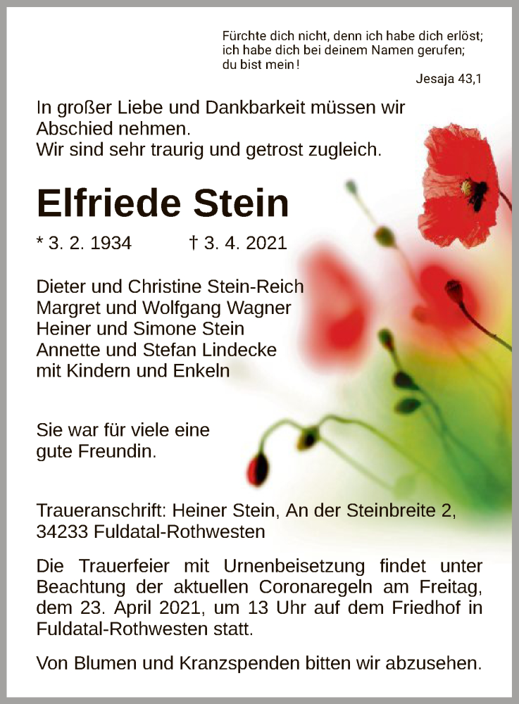  Traueranzeige für Elfriede Stein vom 17.04.2021 aus HNA