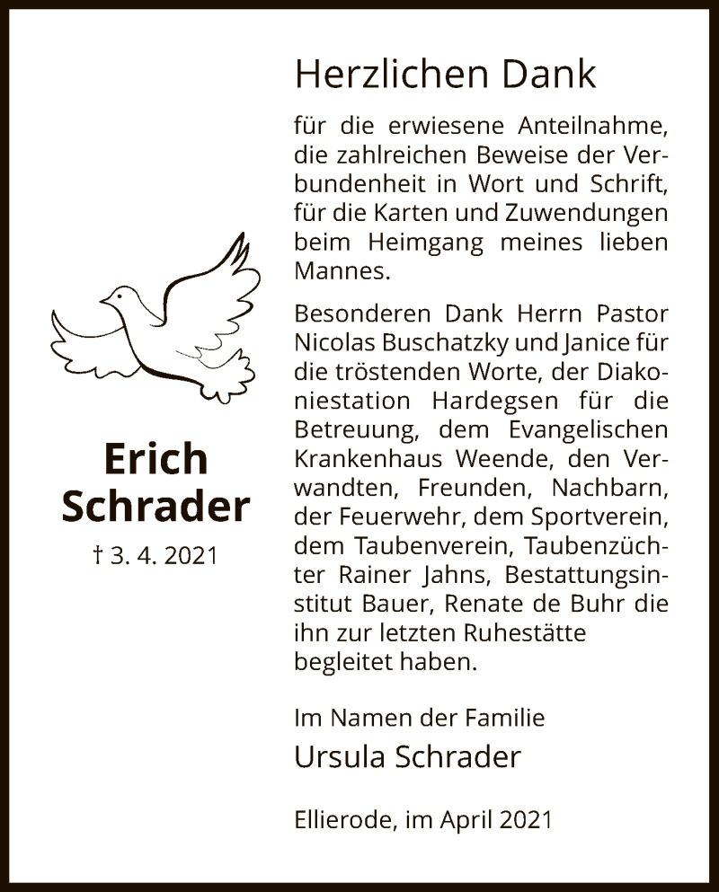  Traueranzeige für Erich Schrader vom 24.04.2021 aus HNA