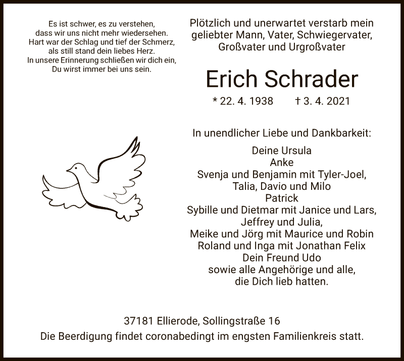  Traueranzeige für Erich Schrader vom 10.04.2021 aus HNA