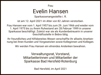 Traueranzeige von Evelin Hansen von HNA