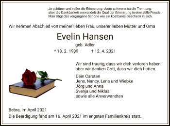 Traueranzeige von Evelin Hansen von HNA