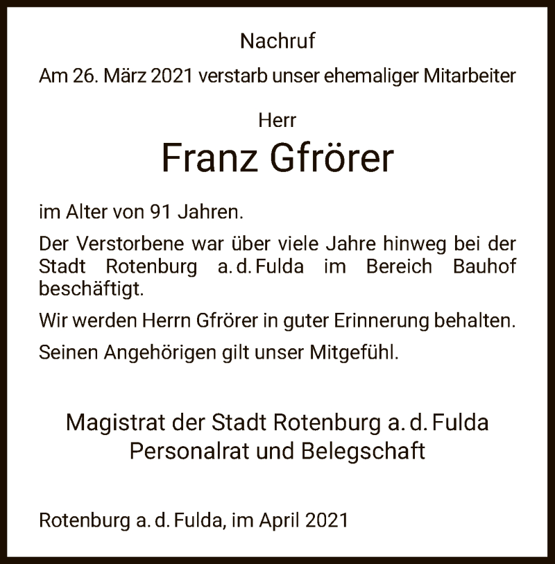  Traueranzeige für Franz Gfrörer vom 17.04.2021 aus HNA