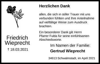 Traueranzeige von Friedrich Wieprecht von HNA