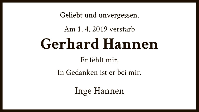  Traueranzeige für Gerhard Hannen vom 01.04.2021 aus HNA