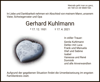 Traueranzeige von Gerhard Kuhlmann von HNA