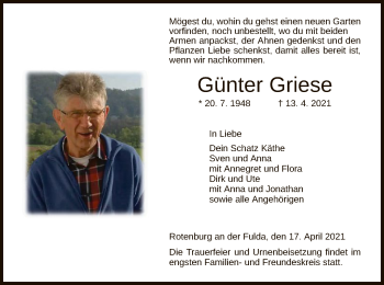 Traueranzeige von Günter Griese von HNA