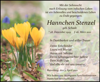 Traueranzeige von Hannchen Stenzel von HNA