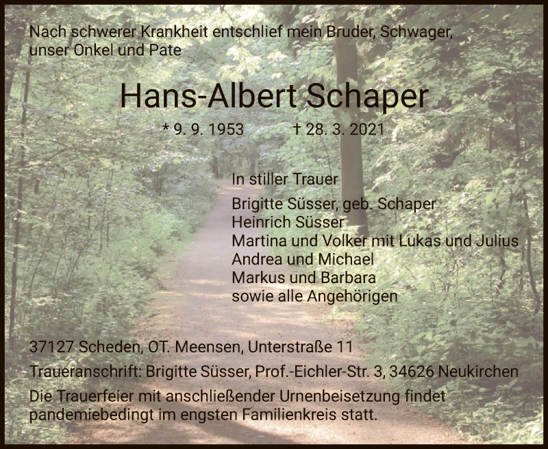  Traueranzeige für Hans-Albert Schaper vom 10.04.2021 aus HNA