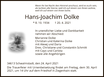 Traueranzeige von Hans-Joachim Dolke von HNA