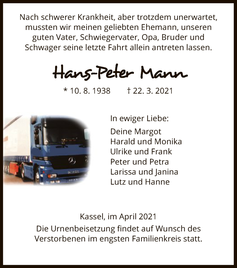  Traueranzeige für Hans-Peter Mann vom 10.04.2021 aus HNA