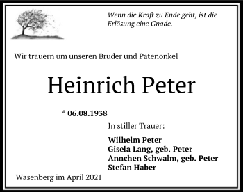 Traueranzeige von Heinrich Peter von HNA