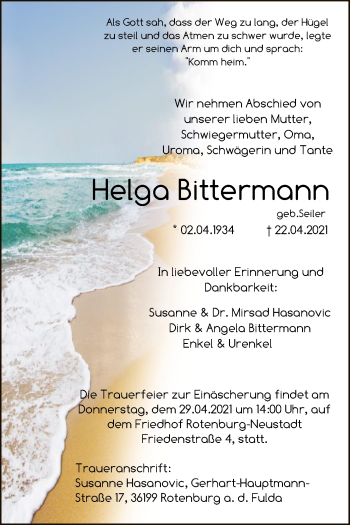 Traueranzeige von Helga Bittermann von HNA