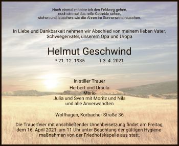 Traueranzeige von Helmut Geschwind von HNA