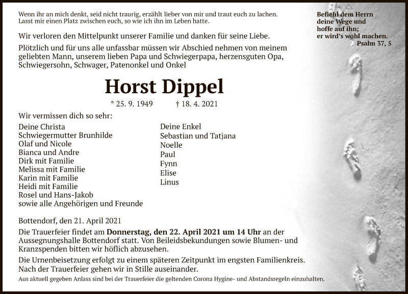  Traueranzeige für Horst Dippel vom 21.04.2021 aus HNA