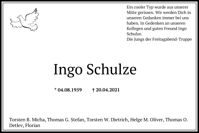  Traueranzeige für Ingo Schulze vom 27.04.2021 aus HNA