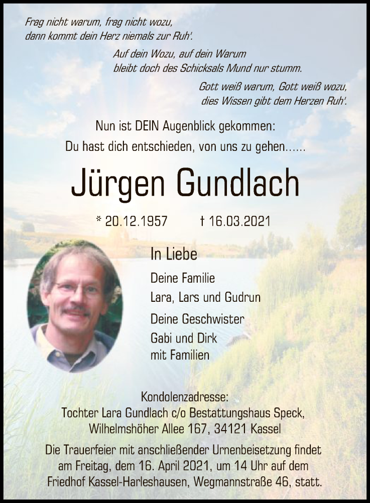  Traueranzeige für Jürgen Gundlach vom 03.04.2021 aus HNA