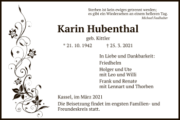 Traueranzeige von Karin Hubenthal von HNA