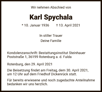 Traueranzeige von Karl Spychala von HNA