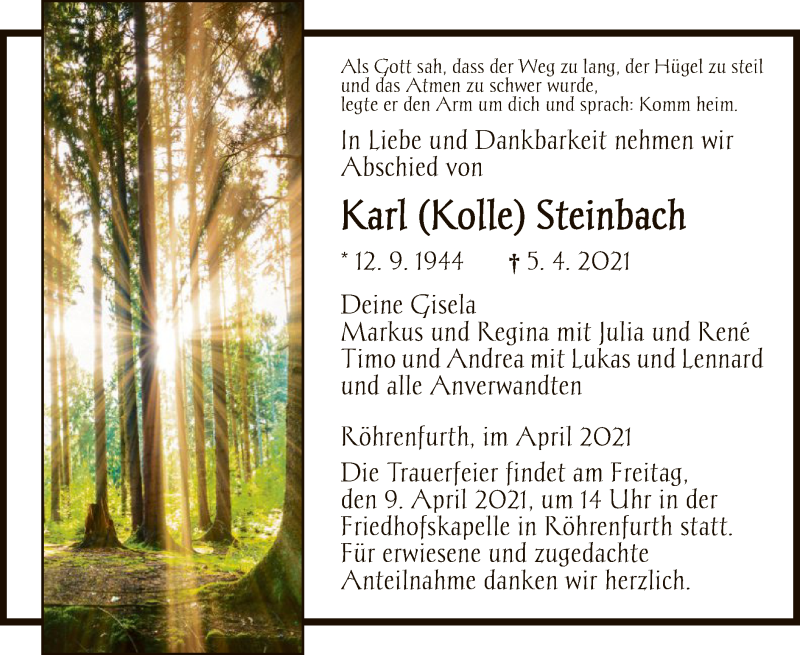  Traueranzeige für Karl Steinbach vom 07.04.2021 aus HNA