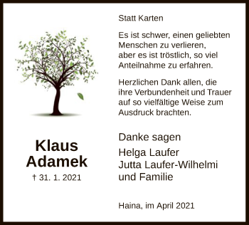 Traueranzeige von Klaus Adamek von HNA