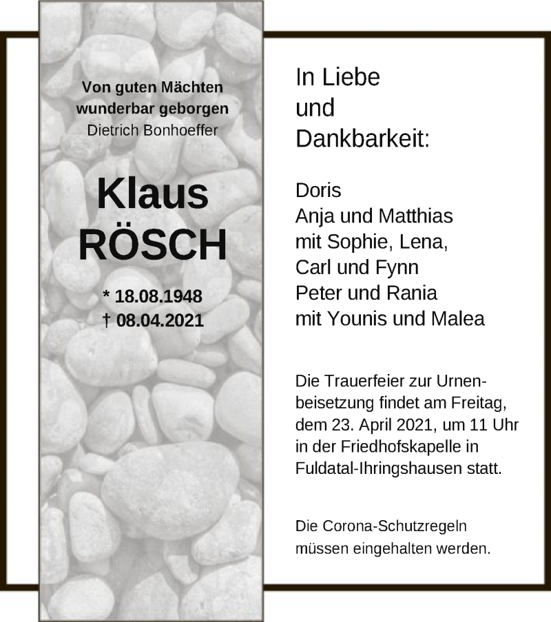 Traueranzeige für Klaus Rösch vom 17.04.2021 aus HNA